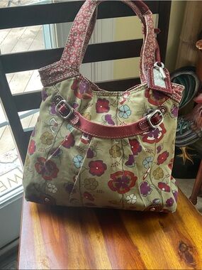 Fossil Floral Canvas Tote Bag with Red Leather Trim